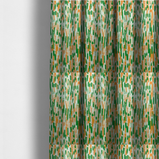 The fabric used to create these made-to-measure curtains is a textured abstract pattern featuring vertical brushstrokes or chalk-like marks in shades of vibrant orange and green against a light off-white or cream background.   