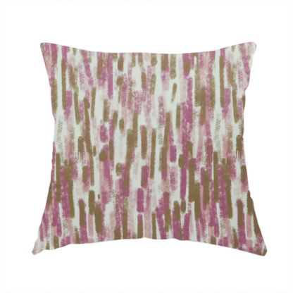 The fabric used to create this handmade cushion is a textured abstract pattern featuring vertical brushstrokes or chalk-like marks in shades of dusty pink and bronze-brown against a light off-white or cream background.   