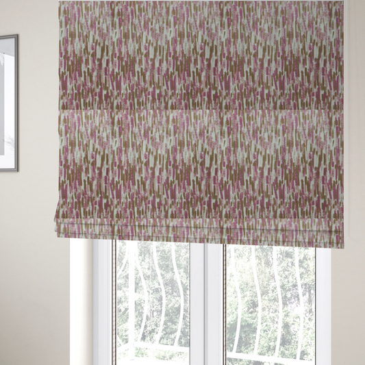 The fabric used to create these Roman blinds is a textured abstract pattern featuring vertical brushstrokes or chalk-like marks in shades of dusty pink and bronze-brown against a light off-white or cream background.   