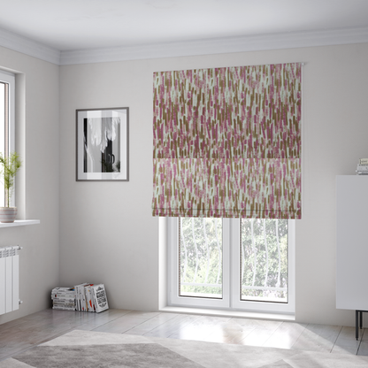 The fabric used to create these Roman blinds is a textured abstract pattern featuring vertical brushstrokes or chalk-like marks in shades of dusty pink and bronze-brown against a light off-white or cream background.   