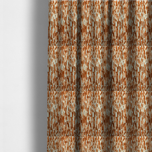 The fabric used to create these made-to-measure curtains is a textured abstract pattern featuring vertical brushstrokes or chalk-like marks in shades of warm terracotta and burnt orange against a light off-white or cream background.