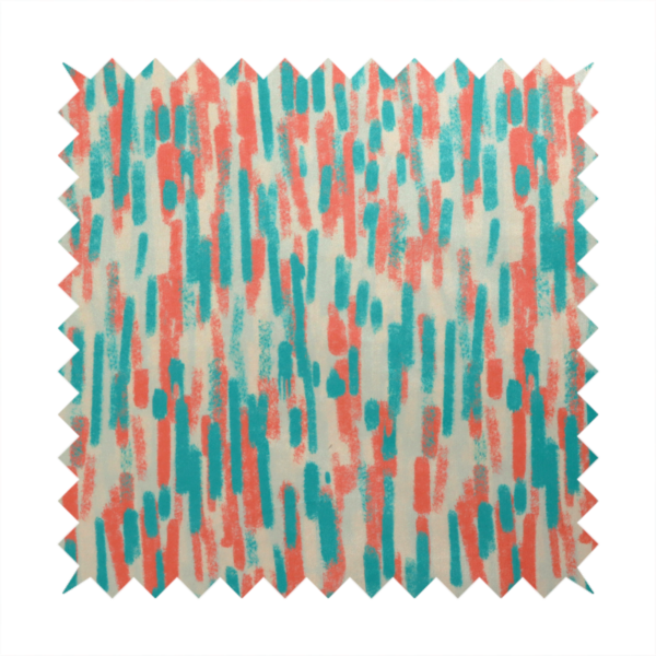 Fabric featuring an abstract, vertical brushstroke pattern in teal and coral red on an off-white background.   
