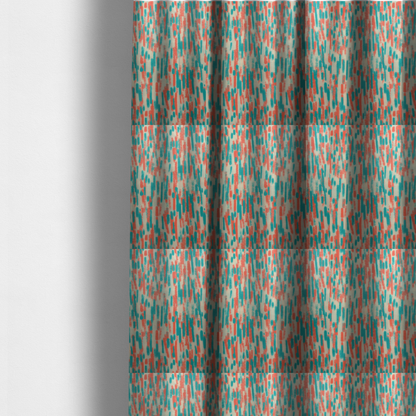 The fabric used to create these made-to-measure curtains is a fabric featuring an abstract, vertical brushstroke pattern in teal and coral red on an off-white background.   