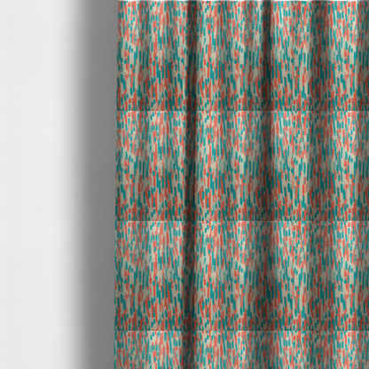 The fabric used to create these made-to-measure curtains is a fabric featuring an abstract, vertical brushstroke pattern in teal and coral red on an off-white background.   