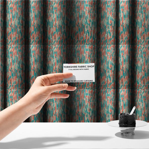 The fabric used to create these made-to-measure curtains is a fabric featuring an abstract, vertical brushstroke pattern in teal and coral red on an off-white background.   
