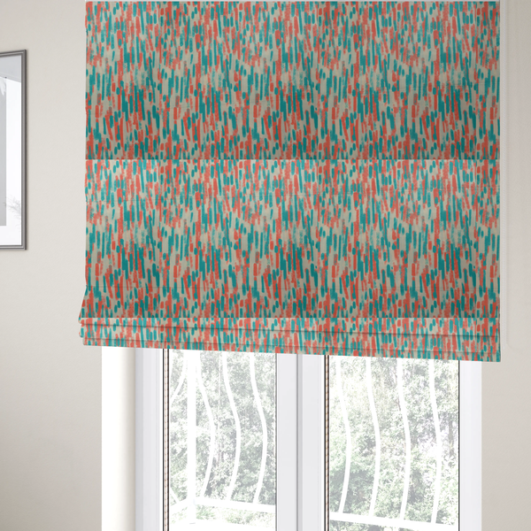 The fabric used to create these Roman blinds is a fabric featuring an abstract, vertical brushstroke pattern in teal and coral red on an off-white background.   