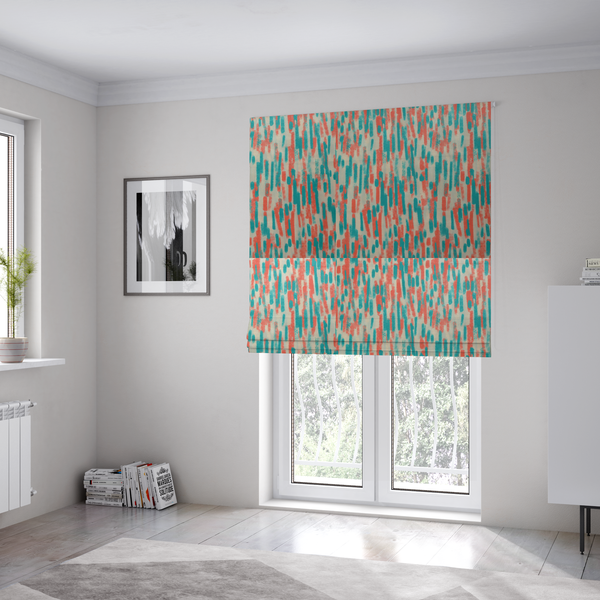 The fabric used to create these Roman blinds is a fabric featuring an abstract, vertical brushstroke pattern in teal and coral red on an off-white background.   