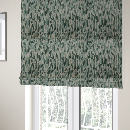 The fabric used to create these Roman blinds is a fabric featuring an abstract vertical brushstroke pattern in dark green, sage, and grey on a light neutral background