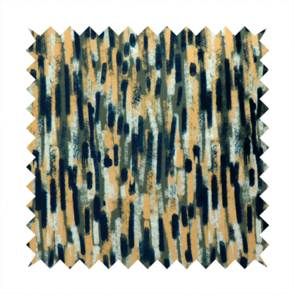 Fabric featuring an abstract, vertical brushstroke pattern in navy blue, mustard yellow, olive green, and cream.   