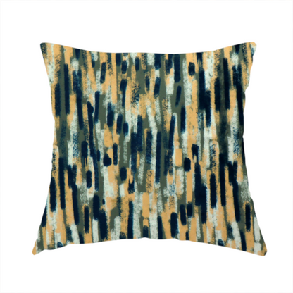 the fabric used to create this handmade cushion is a fabric featuring an abstract, vertical brushstroke pattern in navy blue, mustard yellow, olive green, and cream.   
