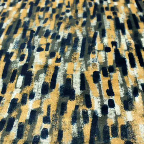 Fabric featuring an abstract, vertical brushstroke pattern in navy blue, mustard yellow, olive green, and cream.   