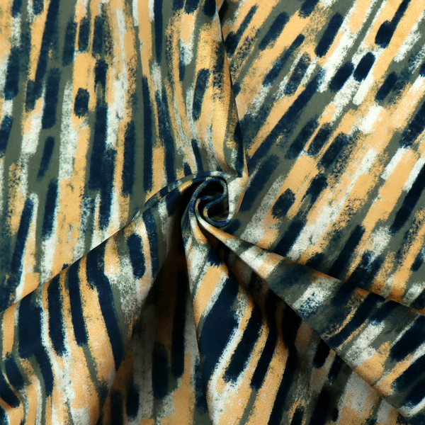 Fabric featuring an abstract, vertical brushstroke pattern in navy blue, mustard yellow, olive green, and cream.   