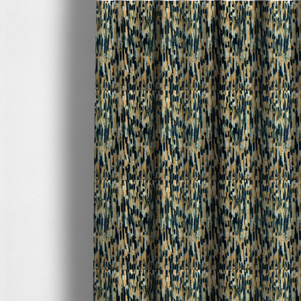 The fabric used to create these made-to-measure curtains is a fabric featuring an abstract, vertical brushstroke pattern in navy blue, mustard yellow, olive green, and cream.   