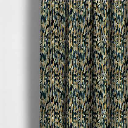 The fabric used to create these made-to-measure curtains is a fabric featuring an abstract, vertical brushstroke pattern in navy blue, mustard yellow, olive green, and cream.   