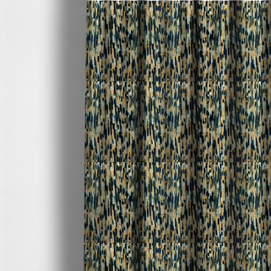 The fabric used to create these made-to-measure curtains is a fabric featuring an abstract, vertical brushstroke pattern in navy blue, mustard yellow, olive green, and cream.   