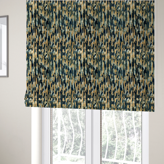 The fabric used to create the Roman blinds is a fabric featuring an abstract, vertical brushstroke pattern in navy blue, mustard yellow, olive green, and cream.   