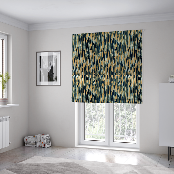 The fabric used to create the Roman blinds is a fabric featuring an abstract, vertical brushstroke pattern in navy blue, mustard yellow, olive green, and cream.   