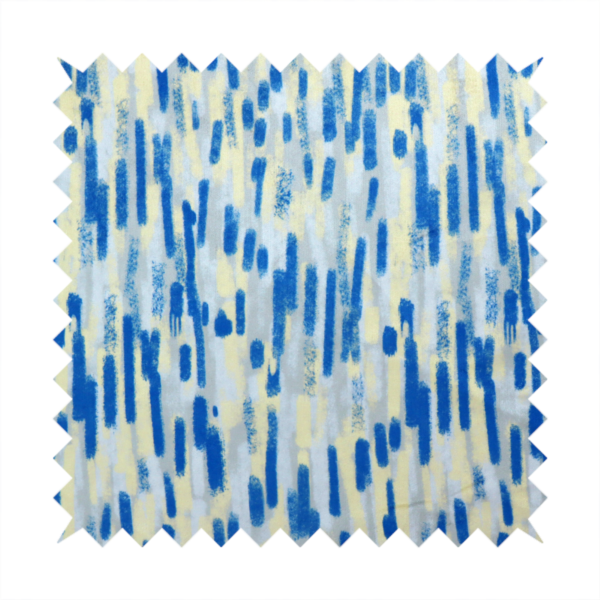 Fabric featuring an abstract, vertical brushstroke pattern in vibrant cobalt blue, soft pastel yellow, and light grey.