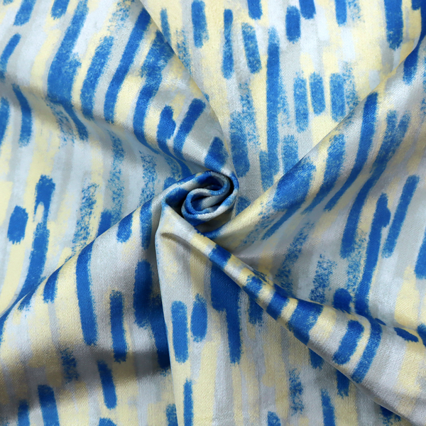 Fabric featuring an abstract, vertical brushstroke pattern in vibrant cobalt blue, soft pastel yellow, and light grey.