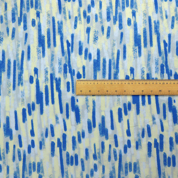 Fabric featuring an abstract, vertical brushstroke pattern in vibrant cobalt blue, soft pastel yellow, and light grey.