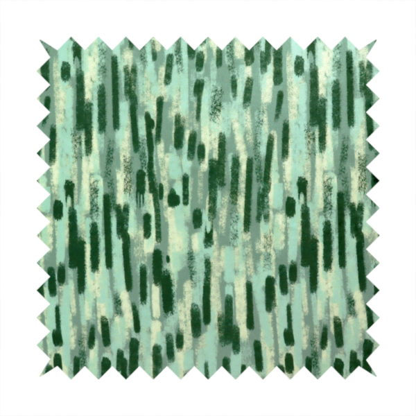 Fabric featuring an abstract vertical brushstroke pattern in dark green, mint, and sage on a soft seafoam background.