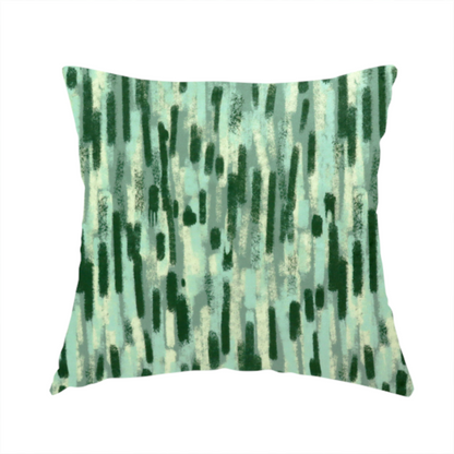 The fabric used to create this handmade cushions is a fabric featuring an abstract vertical brushstroke pattern in dark green, mint, and sage on a soft seafoam background.