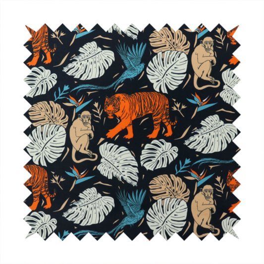 Fabric print featuring orange striped tigers, sitting beige monkeys, flying blue tropical birds, Monstera leaves, and bird of paradise flowers set against a dark navy background.   