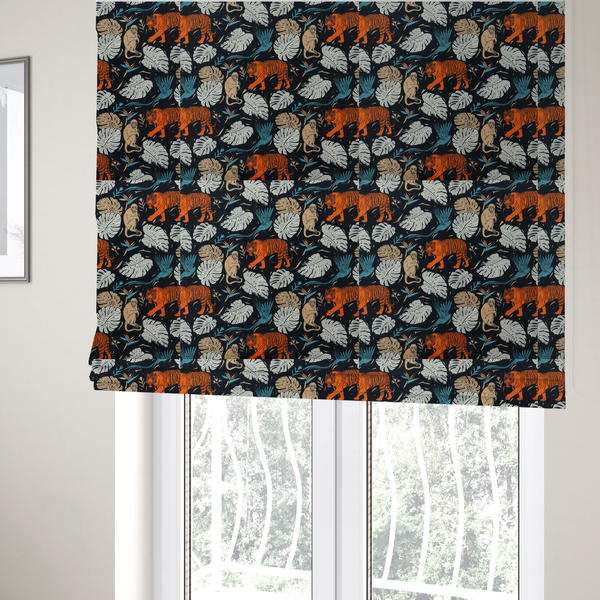 The fabric used to create these Roman blinds is a fabric print featuring orange striped tigers, sitting beige monkeys, flying blue tropical birds, Monstera leaves, and bird of paradise flowers set against a dark navy background.   