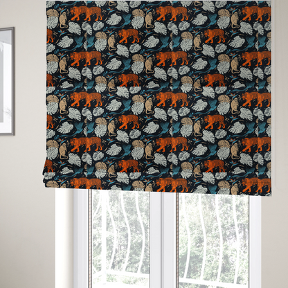 The fabric used to create these Roman blinds is a fabric print featuring orange striped tigers, sitting beige monkeys, flying blue tropical birds, Monstera leaves, and bird of paradise flowers set against a dark navy background.   