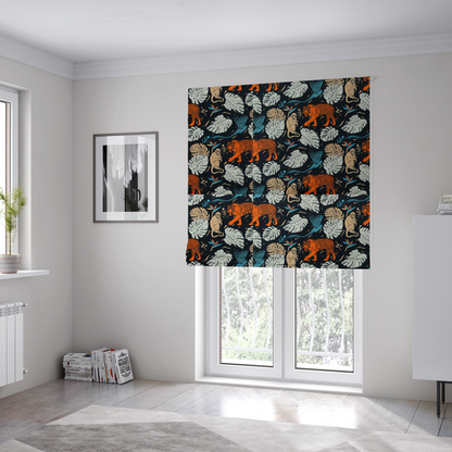 The fabric used to create these Roman blinds is a fabric print featuring orange striped tigers, sitting beige monkeys, flying blue tropical birds, Monstera leaves, and bird of paradise flowers set against a dark navy background.   