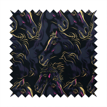 Fabric pattern featuring overlapping black horse heads highlighted with golden-yellow and magenta neon accents on a dark navy background.   