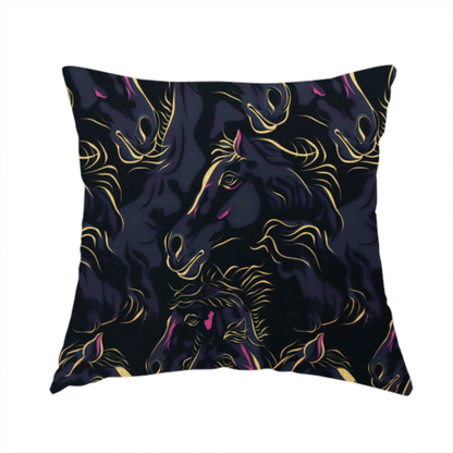 The fabric used to create this handmade cushion is a fabric pattern featuring overlapping black horse heads highlighted with golden-yellow and magenta neon accents on a dark navy background.   