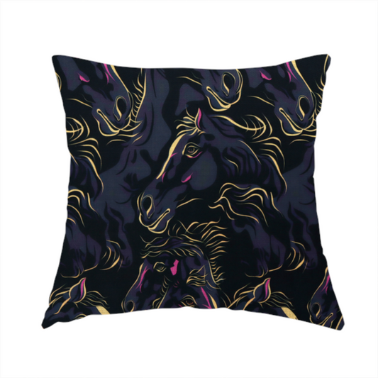 The fabric used to create this handmade cushion is a fabric pattern featuring overlapping black horse heads highlighted with golden-yellow and magenta neon accents on a dark navy background.   