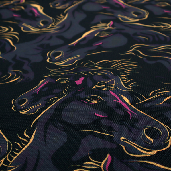 Fabric pattern featuring overlapping black horse heads highlighted with golden-yellow and magenta neon accents on a dark navy background.   
