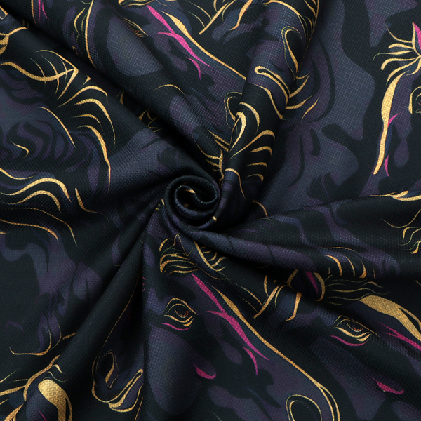 Fabric pattern featuring overlapping black horse heads highlighted with golden-yellow and magenta neon accents on a dark navy background.   