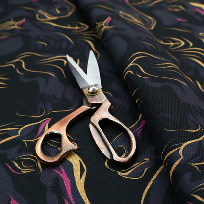 Fabric pattern featuring overlapping black horse heads highlighted with golden-yellow and magenta neon accents on a dark navy background.   