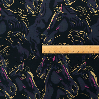 Fabric pattern featuring overlapping black horse heads highlighted with golden-yellow and magenta neon accents on a dark navy background.   