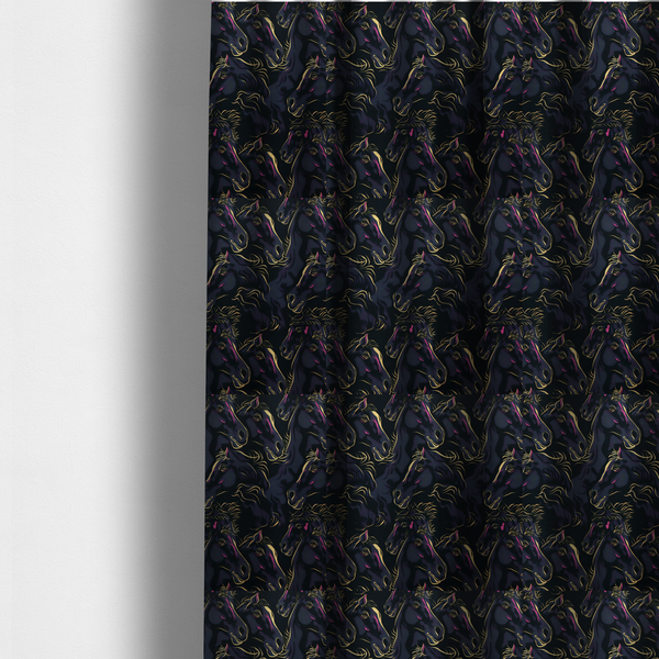 The fabric used to create these made-to-measure curtains is a fabric pattern featuring overlapping black horse heads highlighted with golden-yellow and magenta neon accents on a dark navy background.   