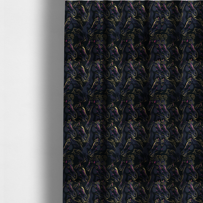 The fabric used to create these made-to-measure curtains is a fabric pattern featuring overlapping black horse heads highlighted with golden-yellow and magenta neon accents on a dark navy background.   