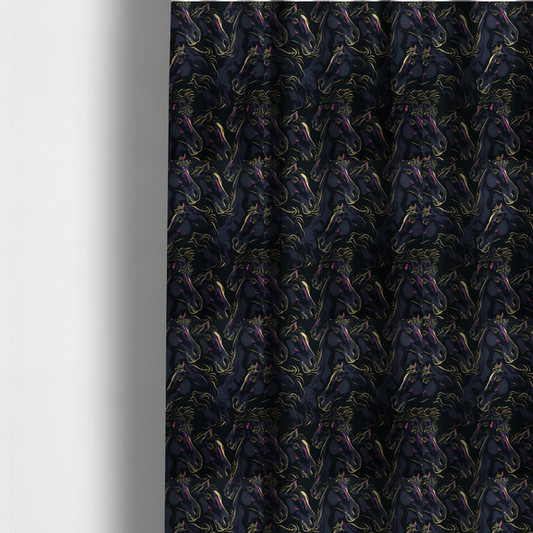 The fabric used to create these made-to-measure curtains is a fabric pattern featuring overlapping black horse heads highlighted with golden-yellow and magenta neon accents on a dark navy background.   