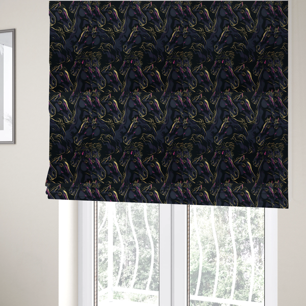 The fabric used to create these Roman blinds is a fabric pattern featuring overlapping black horse heads highlighted with golden-yellow and magenta neon accents on a dark navy background.   