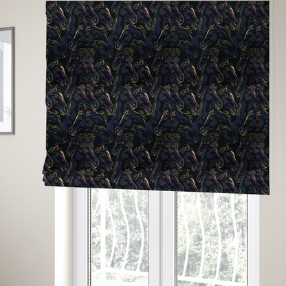 The fabric used to create these Roman blinds is a fabric pattern featuring overlapping black horse heads highlighted with golden-yellow and magenta neon accents on a dark navy background.   