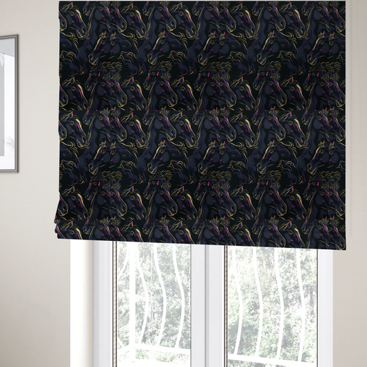 The fabric used to create these Roman blinds is a fabric pattern featuring overlapping black horse heads highlighted with golden-yellow and magenta neon accents on a dark navy background.   