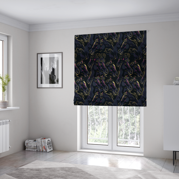 The fabric used to create these Roman blinds is a fabric pattern featuring overlapping black horse heads highlighted with golden-yellow and magenta neon accents on a dark navy background.   