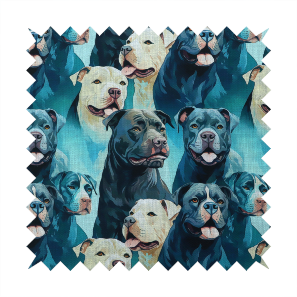 Fabric print featuring a repeating pattern of pit bulls and bully breed dogs in blue, black, and white tones set against a textured turquoise background.   