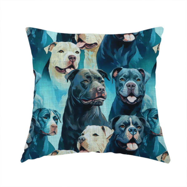 The fabric used to create this handmade cushion is a fabric print featuring a repeating pattern of pit bulls and bully breed dogs in blue, black, and white tones set against a textured turquoise background.   