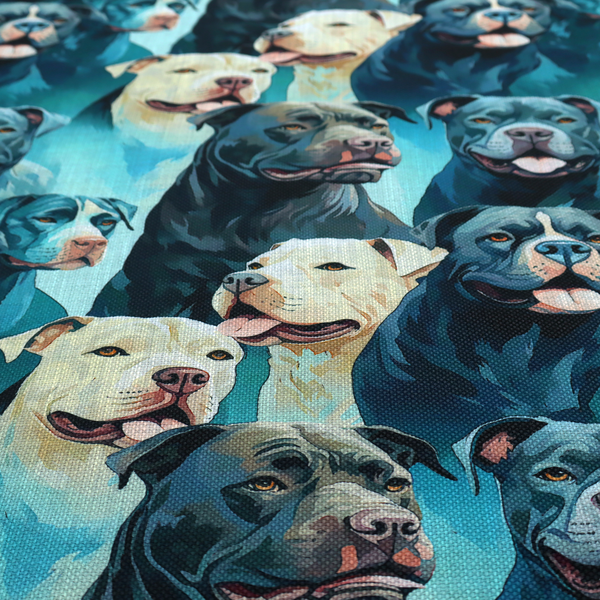 Fabric print featuring a repeating pattern of pit bulls and bully breed dogs in blue, black, and white tones set against a textured turquoise background.   