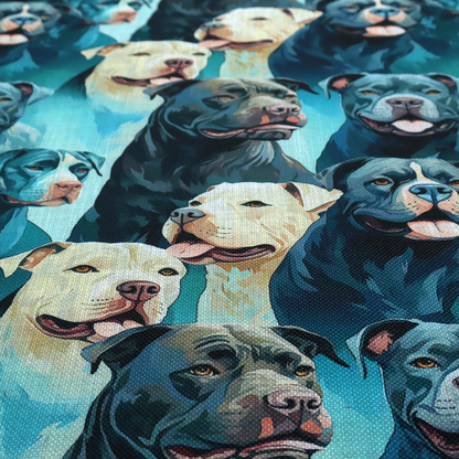Fabric print featuring a repeating pattern of pit bulls and bully breed dogs in blue, black, and white tones set against a textured turquoise background.   