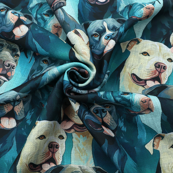 Fabric print featuring a repeating pattern of pit bulls and bully breed dogs in blue, black, and white tones set against a textured turquoise background.   
