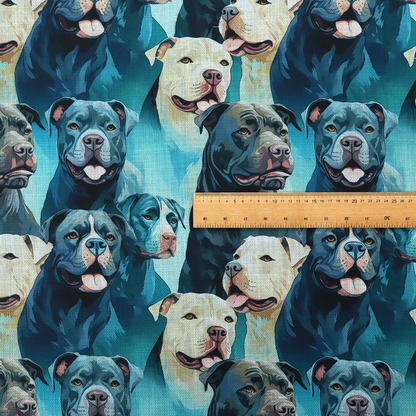 Fabric print featuring a repeating pattern of pit bulls and bully breed dogs in blue, black, and white tones set against a textured turquoise background.   